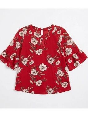 URBAN Romantics Red Floral Keyhole Ruffle-Sleeve Blouse